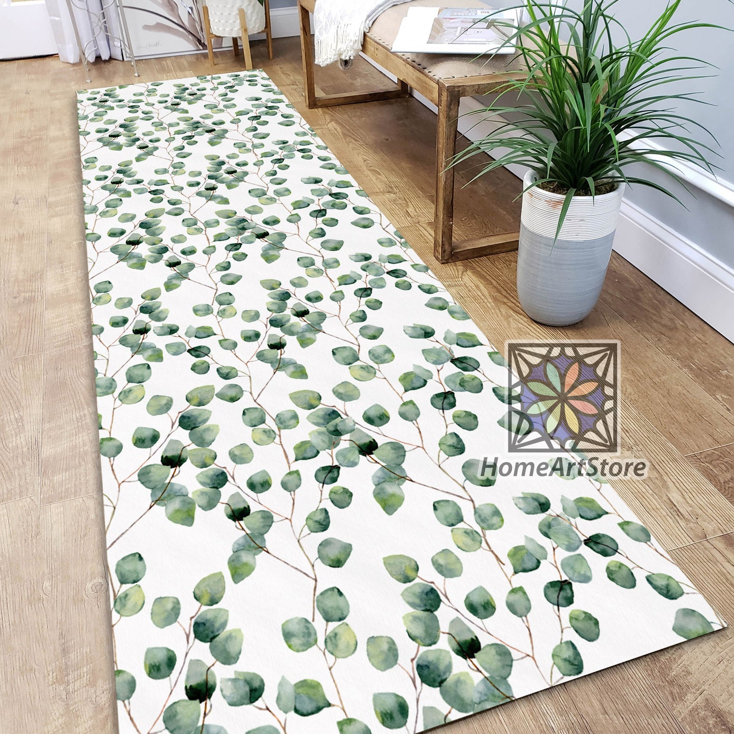 Eucalyptus Leaf Pattern Green Runner Rug, Boho Home Decor, Kitchen Runner Carpet, Bohemian Floral Runner Mat, Scandinavian Rug