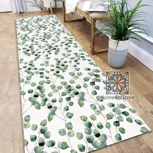 Eucalyptus Leaf Pattern Green Runner Rug, Boho Home Decor, Kitchen Runner Carpet, Bohemian Floral Runner Mat, Scandinavian Rug