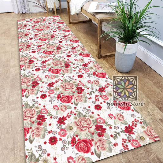 Red Flowers Runner Rug, Rose Pattern Runner Carpet, Hallway Runner Rug, Kitchen Runner Mat