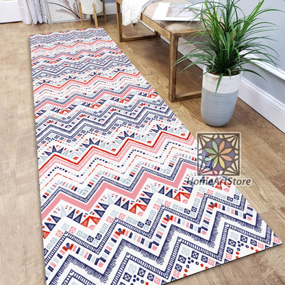 Zigzag Pattern Runner Rug, Boho Style Decor, Ethnic Carpet, Tribal Aztec Runner Rug, Geometric Mat