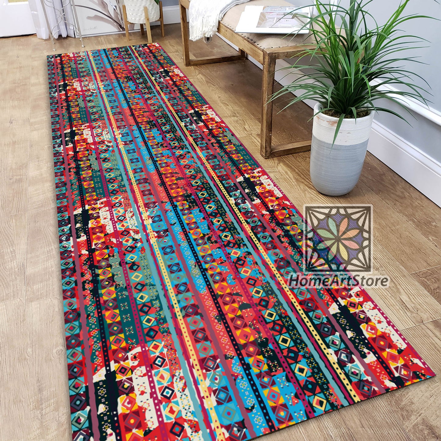 Ethnic Boho Runner Rug, Colorful Kitchen Runner Carpet, Geometric Hallway Runner Rug, Tribal Home Decor