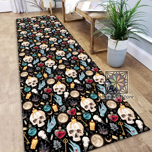 Black Witchcraft Runner Rug, Gothic Room Runner Mat, Horror Decor, Skull Themed Gothic Carpet, Halloween Gift