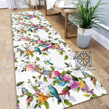 Colorful Flower Pattern Rug, Humming Bird Carpet, Roses Themed Runner Mat, Peony Carpet, Bohemian Decor
