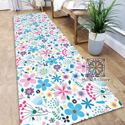 Boho Style Runner Rug, Colorful Floral Pattern Hallway Runner Mat, Flower Runner Carpet, Bohemian Decor