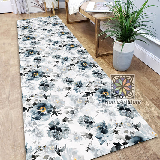 Dark Color Bohemian Flower Rug, Floral Kitchen Runner Carpet, Bedside Runner Rug