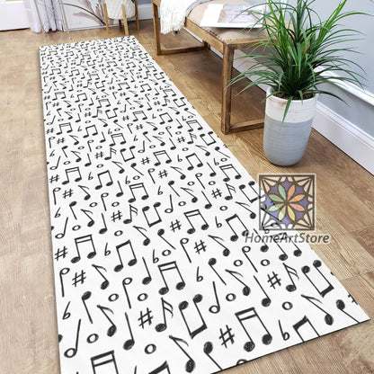 Music Notes Pattern Runner Rug, Boho Style Carpet, Music Art Decor, Black and White Music Runner Rug