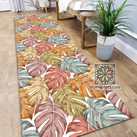 Monstera Leaves Pattern Rug, Botanic Kitchen Runner Rug, Tropical Home Decor, Hawaiian Carpet