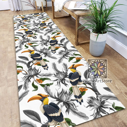 Tropical Birds Pattern Rug, Flowers and Leaves Carpet, Entryway Runner Rug, Hawaiian Decor