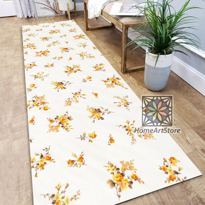 Yellow Rose Pattern Rug, Bohemian Runner Carpet, Corridor Runner Mat, Floral Rug, Gift for Her