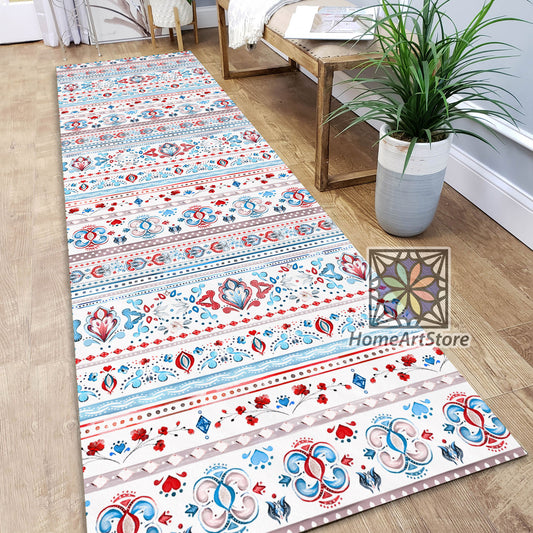 Colorful Tribal Runner Rug, Bohemian Carpet, Hallway Runner Mat, Boho Kitchen Runner Rug, Ethnic Pattern Rug