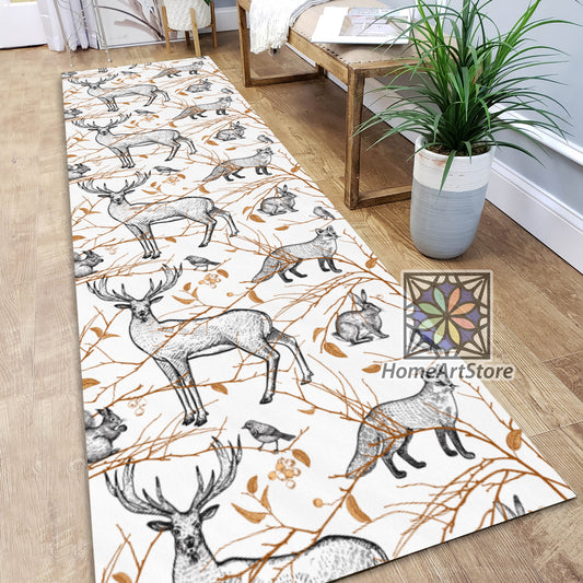 Forest Animal Pattern Rug, Animals Runner Rug, Deer, Fox, Hare, Squirrel Theme Carpet, Hallway Runner Mat
