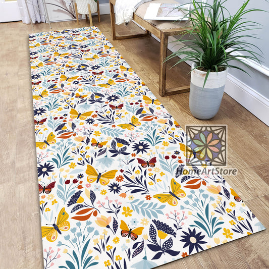 Butterfly and Flowers Pattern Rug, Botanical Decor, Boho Runner Rug, Kitchen Runner Carpet, Floral Rug, Bohemian Decor