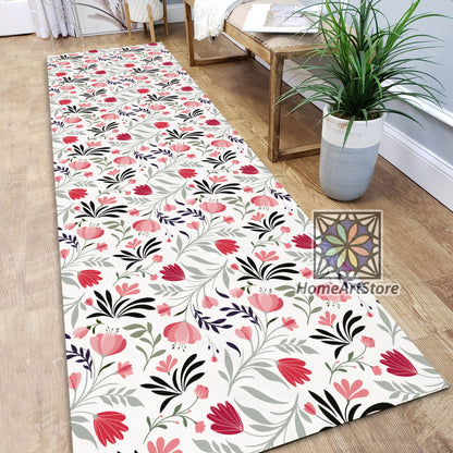 Flowers And Plants Themed Kitchen Runner Rug, Modern Hallway Carpet, Boho Rug, Floral Runner Mat, Boho Decor