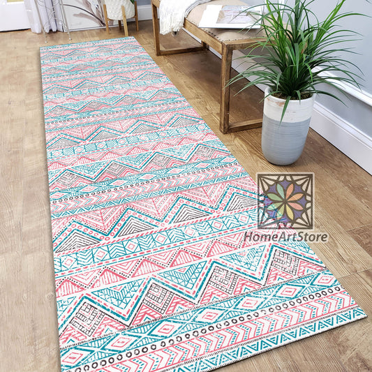 Ethnic Runner Rug, Boho Style Rug, Geometric Kitchen Carpet, Tribal Runner Mat, Tribal Decor