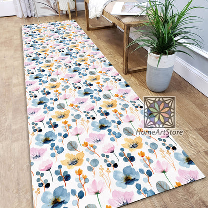 Wedding Runner Rug, Watercolor Flower Pattern Rug, Corridor Carpet, Pastel Colors Floral Runner Mat
