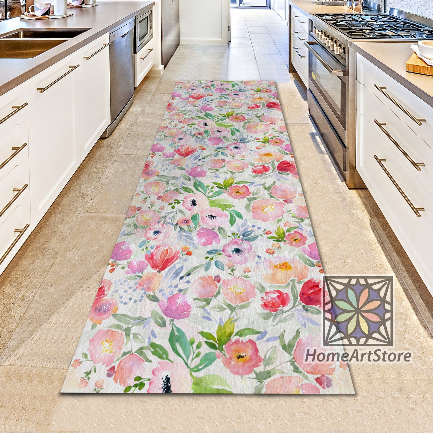 Watercolor Flower Pattern Boho Rug, Colorful Floral Runner Rug, Kitchen Carpet, Hallway Runner Rug, Floral Carpet