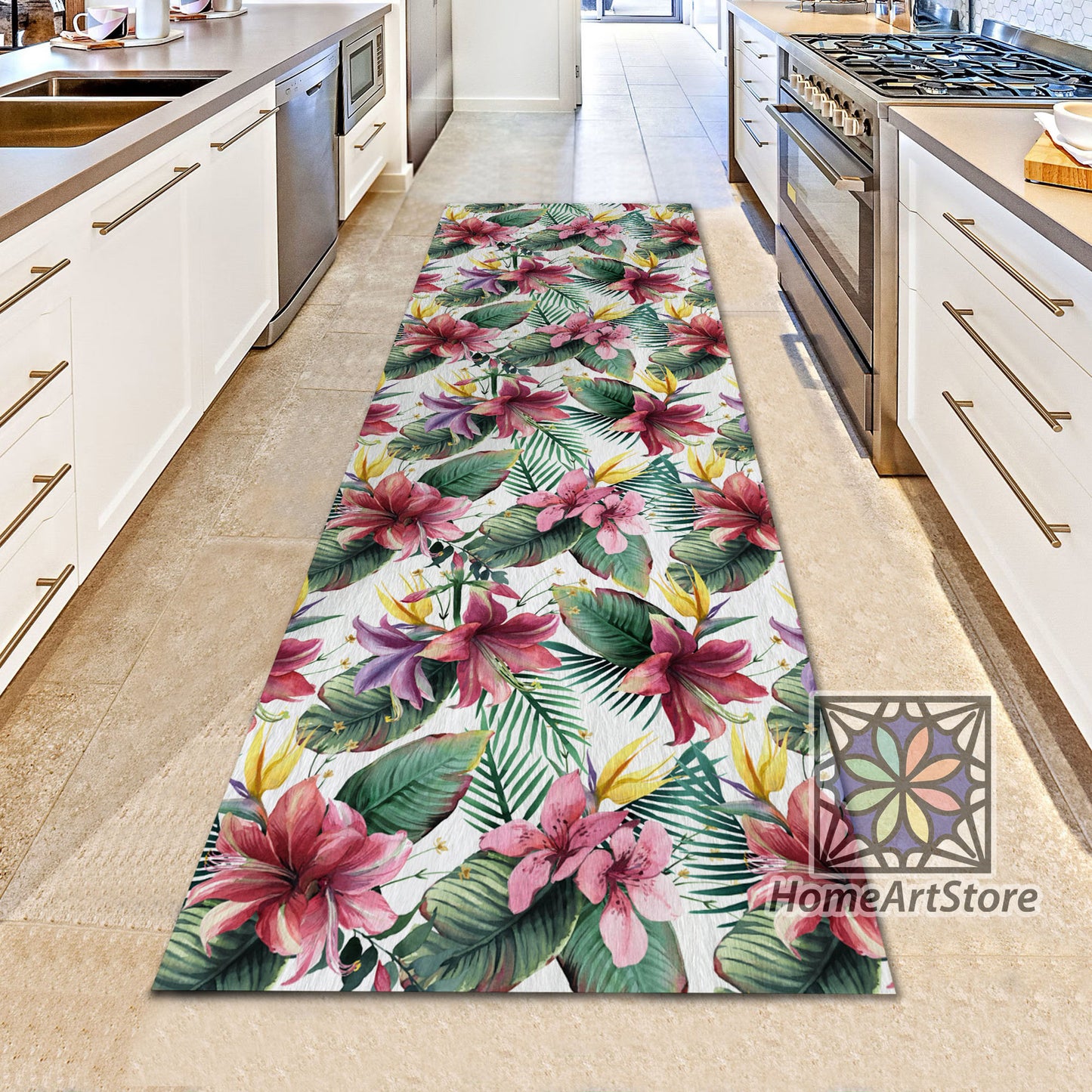 Tropical Runner Rug, Colorful Flowers Hallway Carpet, Floral Runner Mat, Kitchen Decor