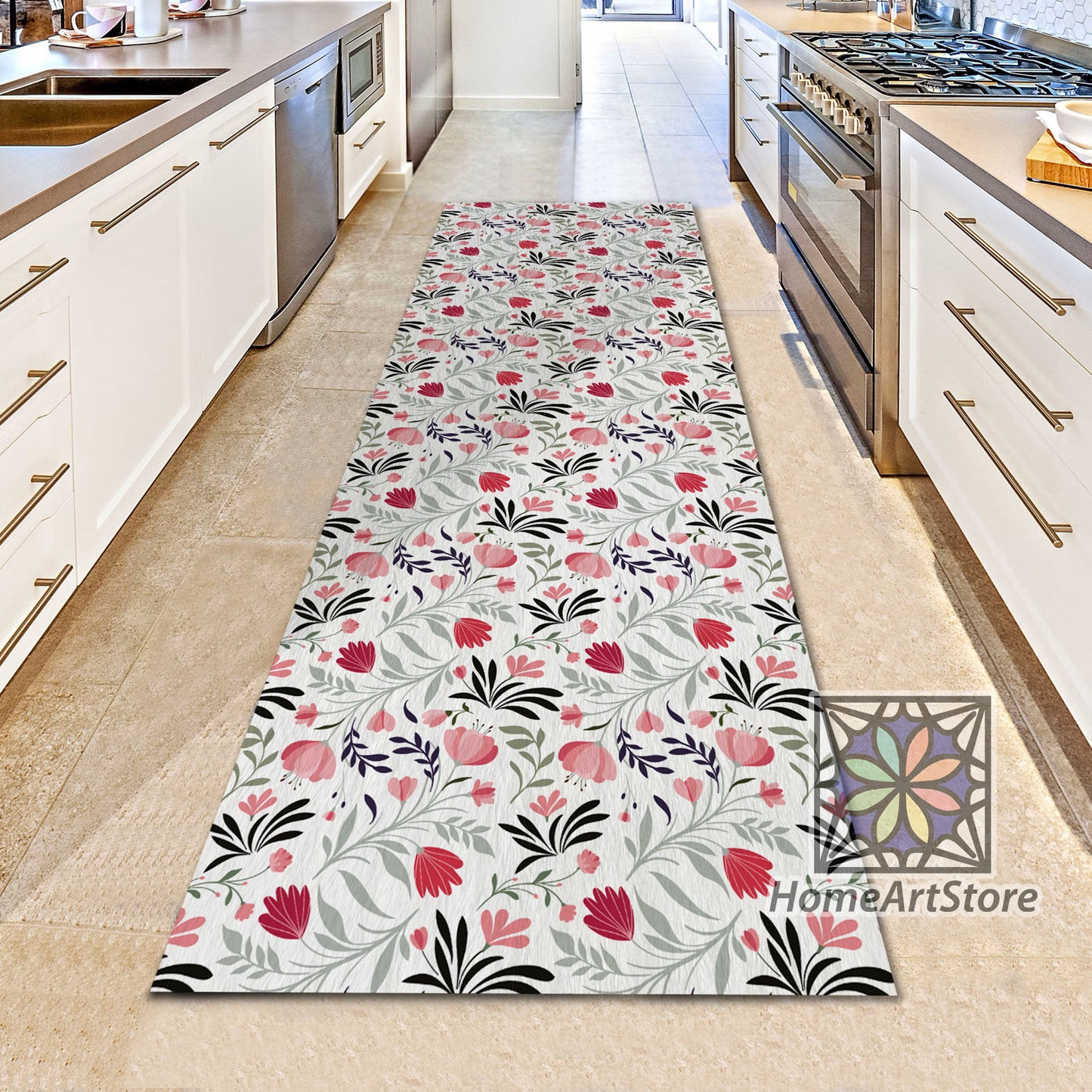 Flowers And Plants Themed Kitchen Runner Rug, Modern Hallway Carpet, Boho Rug, Floral Runner Mat, Boho Decor