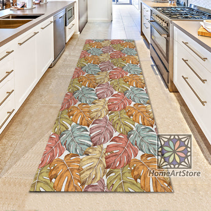 Monstera Leaves Pattern Rug, Botanic Kitchen Runner Rug, Tropical Home Decor, Hawaiian Carpet