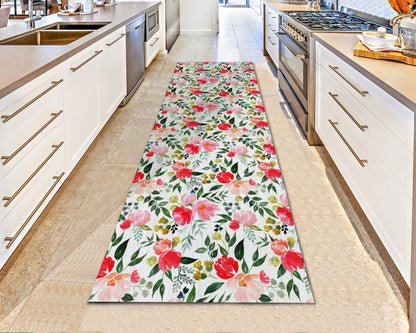 Pink Flower Pattern Runner Rug, Boho Style Kitchen Runner Mat, Hallway Runner Carpet, Floral Rug