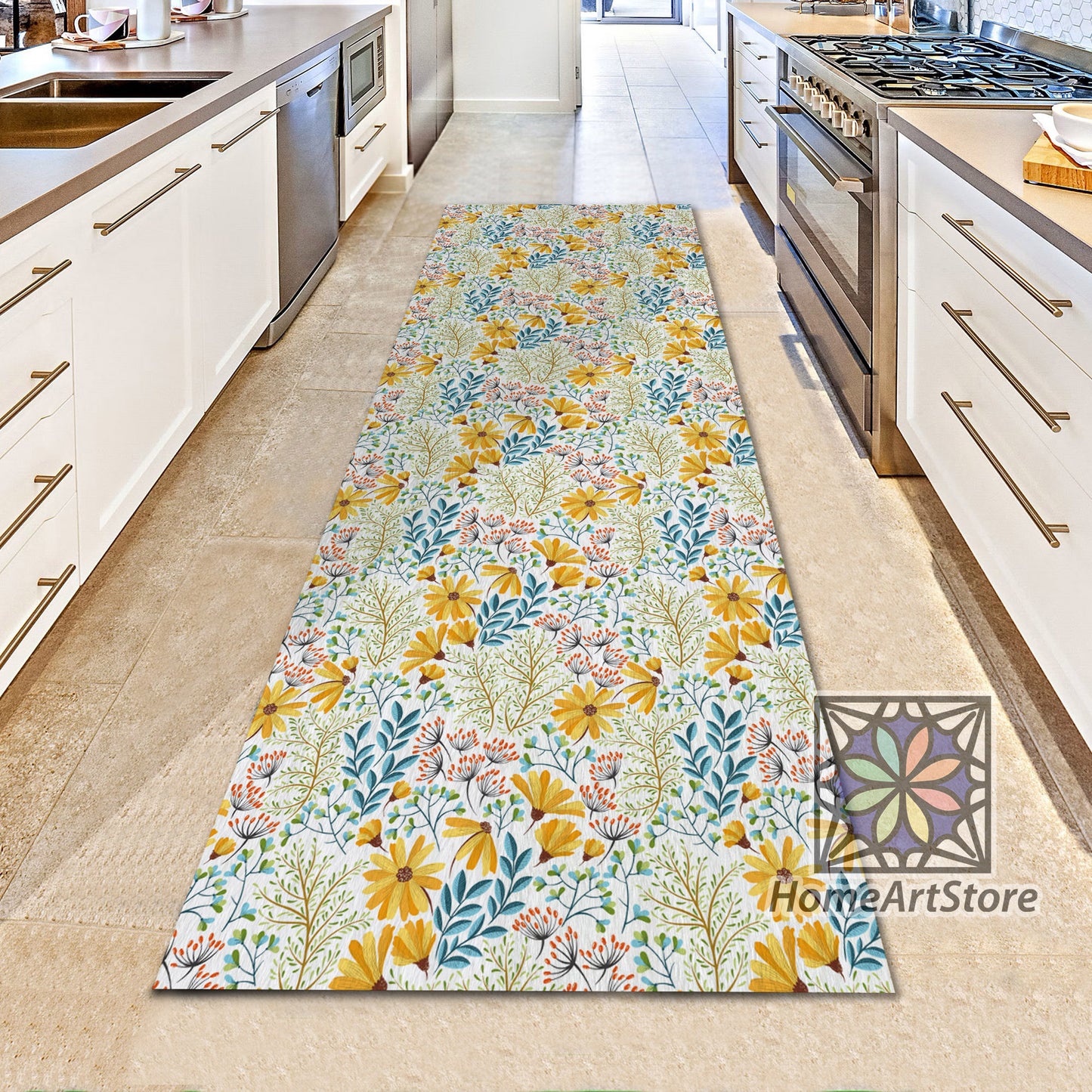 Spring Floral Runner Rug, Kitchen Runner Mat, Hallway Runner Carpet, Yellow Flower Runner Rug, Boho Carpet
