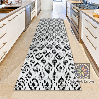 Black and White Boho Runner Rug, Ethnic Kitchen Runner Carpet, Diamond Pattern Hallway Runner Mat, Geometric Decor