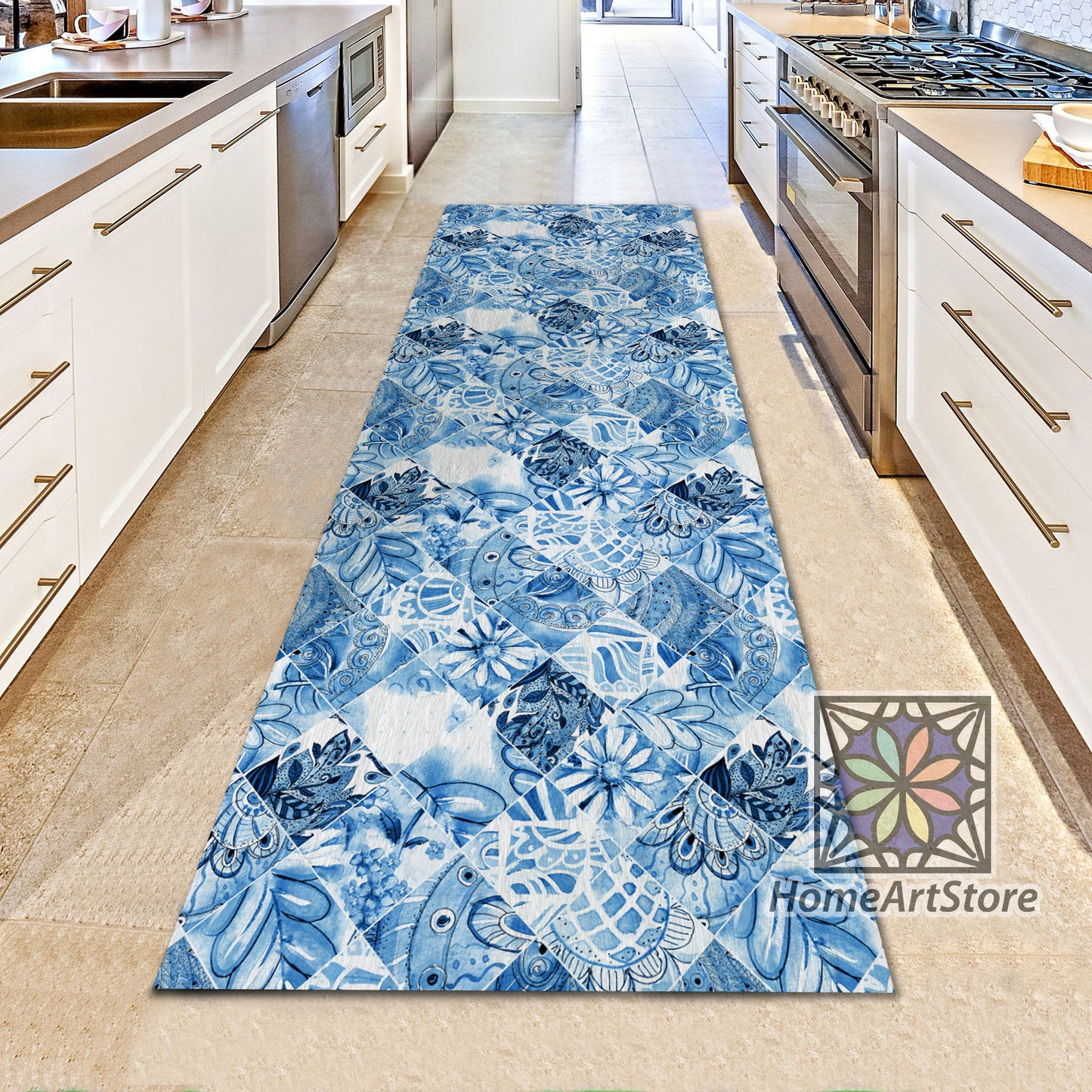 Blue Boho Runner Rug, Ceramic Tile Pattern Runner Rug, Patchwork Carpet, Kitchen Runner Mat