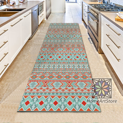 Aztec Runner Rug, Colorful Tribal Carpet, Ethnic Motif Pattern Runner Rug, Geometric Kitchen Runner Mat