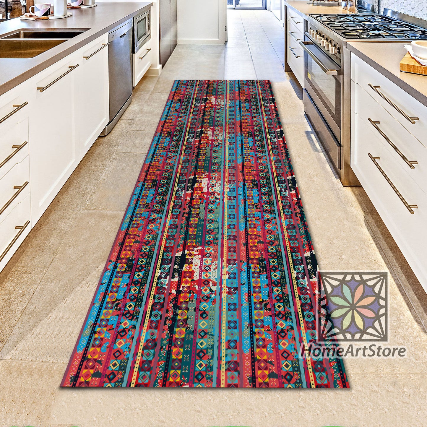 Ethnic Boho Runner Rug, Colorful Kitchen Runner Carpet, Geometric Hallway Runner Rug, Tribal Home Decor