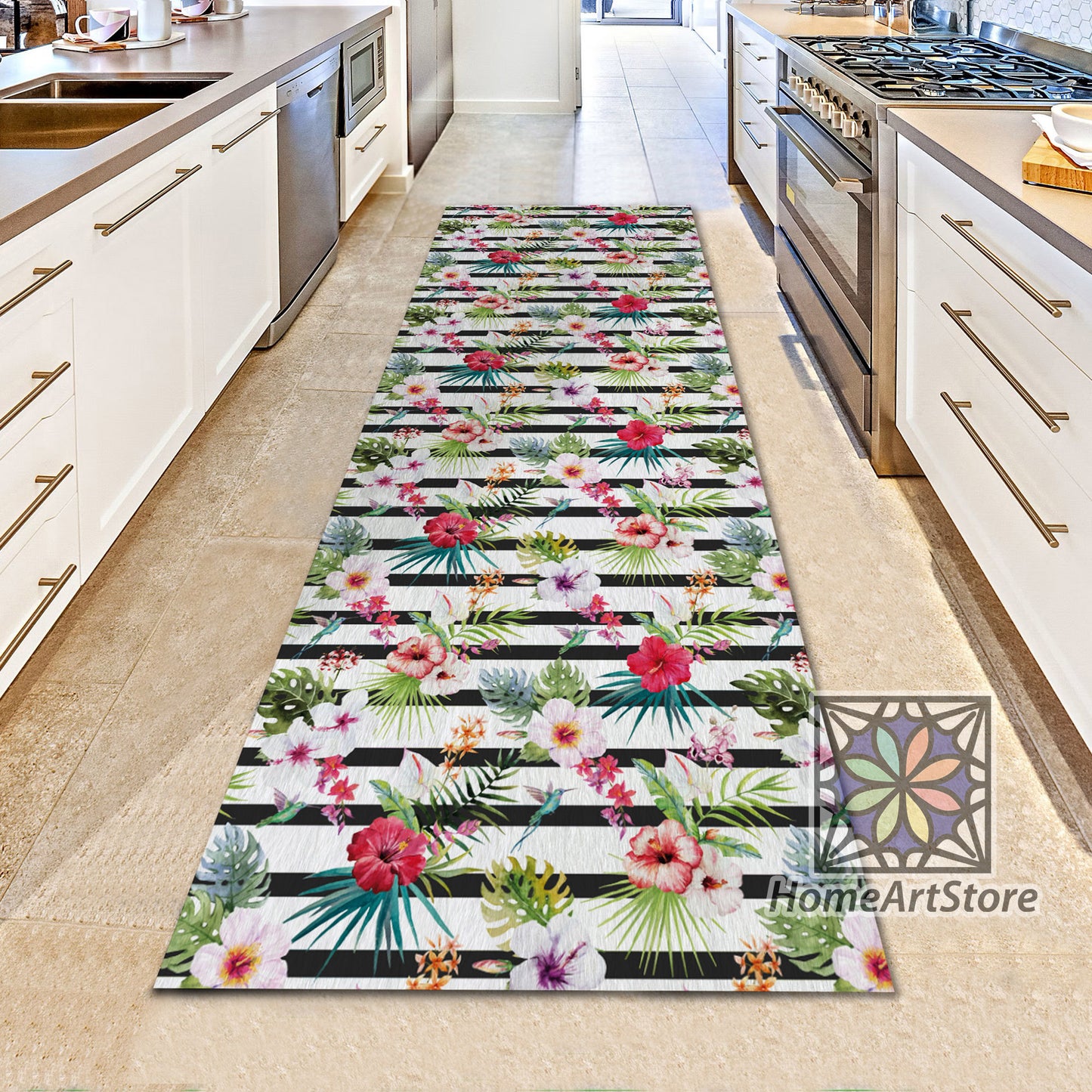 Black and White Striped Runner Rug, Colorful Tropical Carpet, Kitchen Runner Mat, Boho Floral Rug, Bohemian Carpet