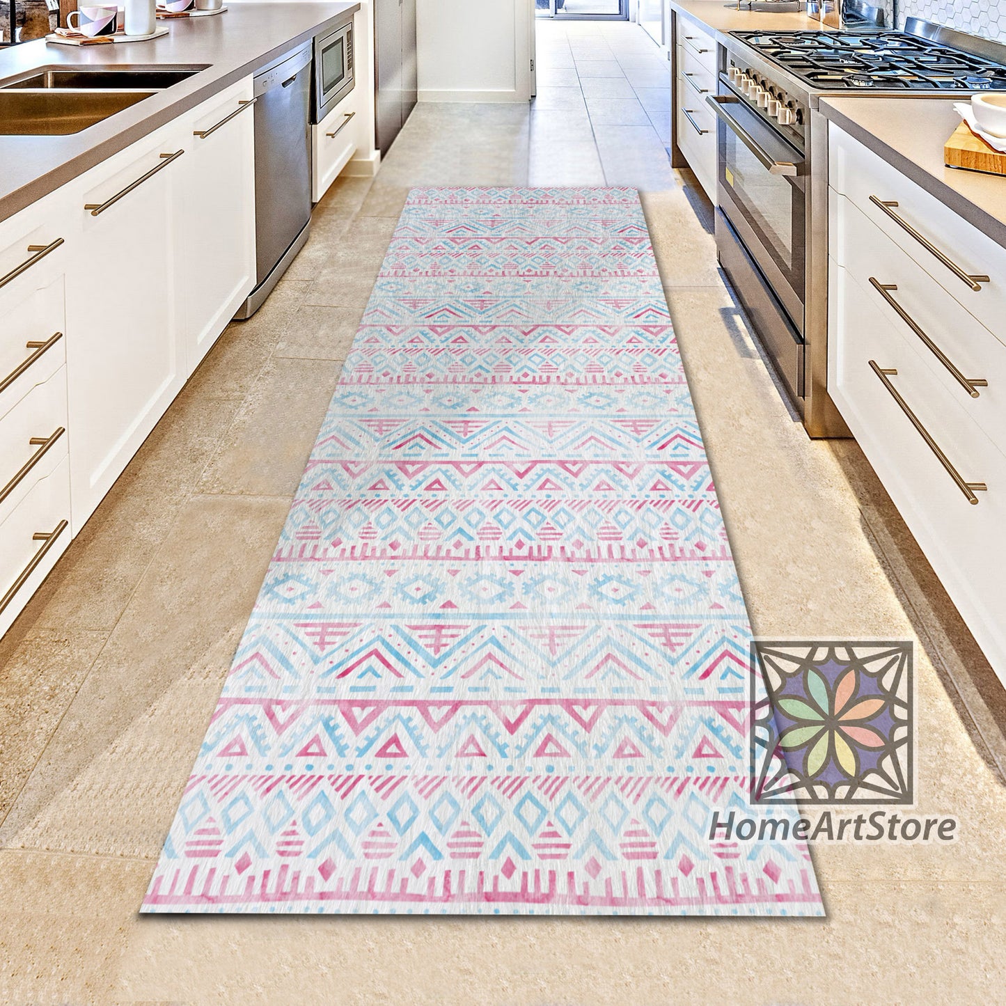 Geometric Runner Rug, Bohemian Decor, Ethnic Kitchen Runner Carpet, Tribal Runner Mat, Pastel Color Boho Style Rug
