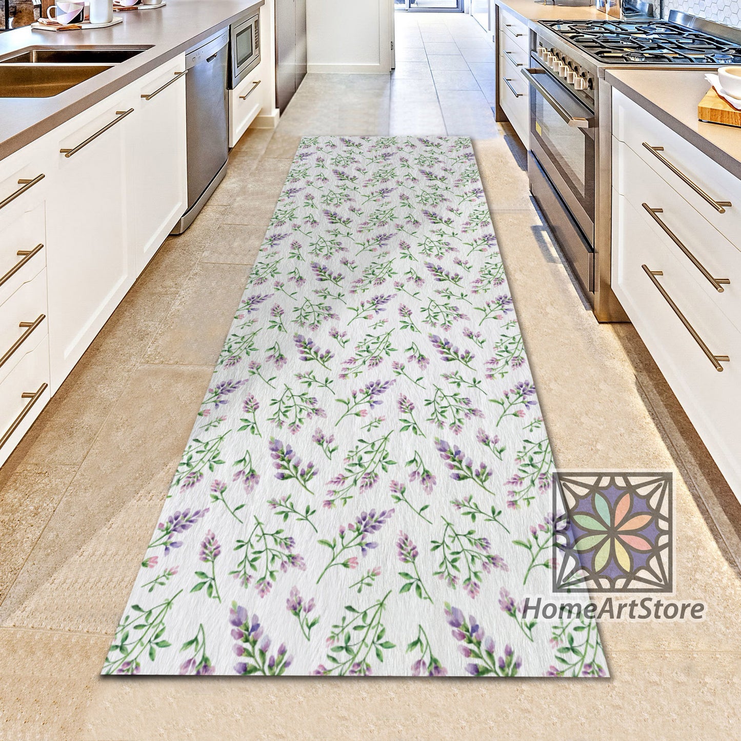 Alfalfa Flowers Runner Rug, Purple and White Kitchen Runner Rug, Corridor Runner Rug, Floral Carpet