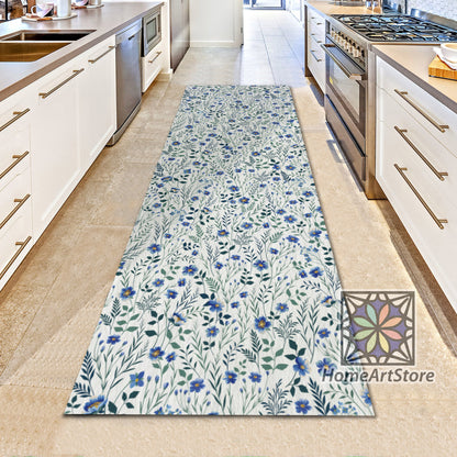 Blue Meadow Flowers Pattern Rug, Floral Kitchen Runner Rug, Bohemian Carpet, Corridor Runner Mat