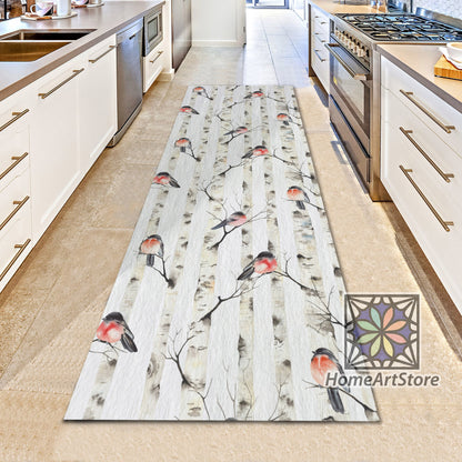 Forest And Birds Themed Rug, Corridor Runner Mat, Bohemian Decor, Cute Birds Pattern Runner Carpet