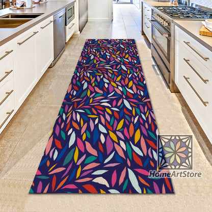 Colorful Leaf Pattern Rug, Modern Line Art Rug, Geometric Shape Pattern Runner Rug, Trendy Kitchen Decor, Boho Carpet