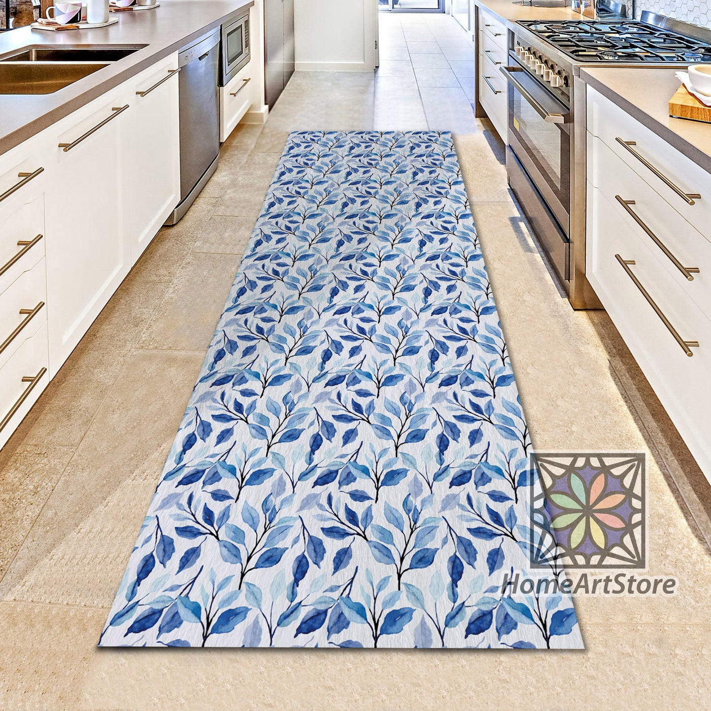 Blue Leaves Pattern Rug, Watercolor Floral Runner Rug, Kitchen Boho Style Carpet, Hallway Runner, Mat