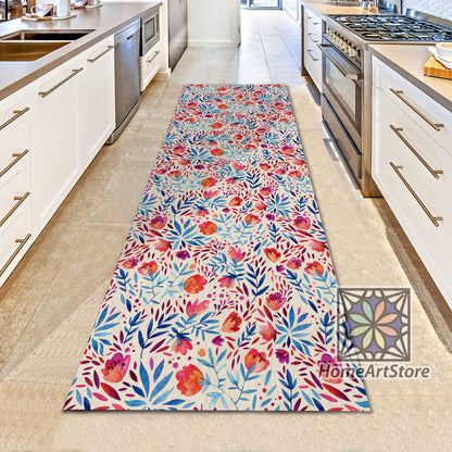 Floral Pattern Runner Carpet, Kitchen Runner Rug, Entryway Runner Mat, Colorful Flower Decor