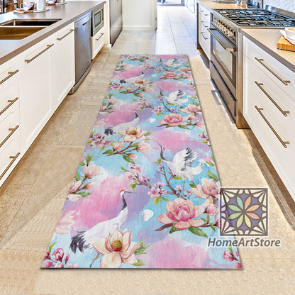 Stork Bird Pattern Rug, Bedside Carpet, Pink Color Runner Rug, Boho Kitchen Carpet, Tropical Floral Decor