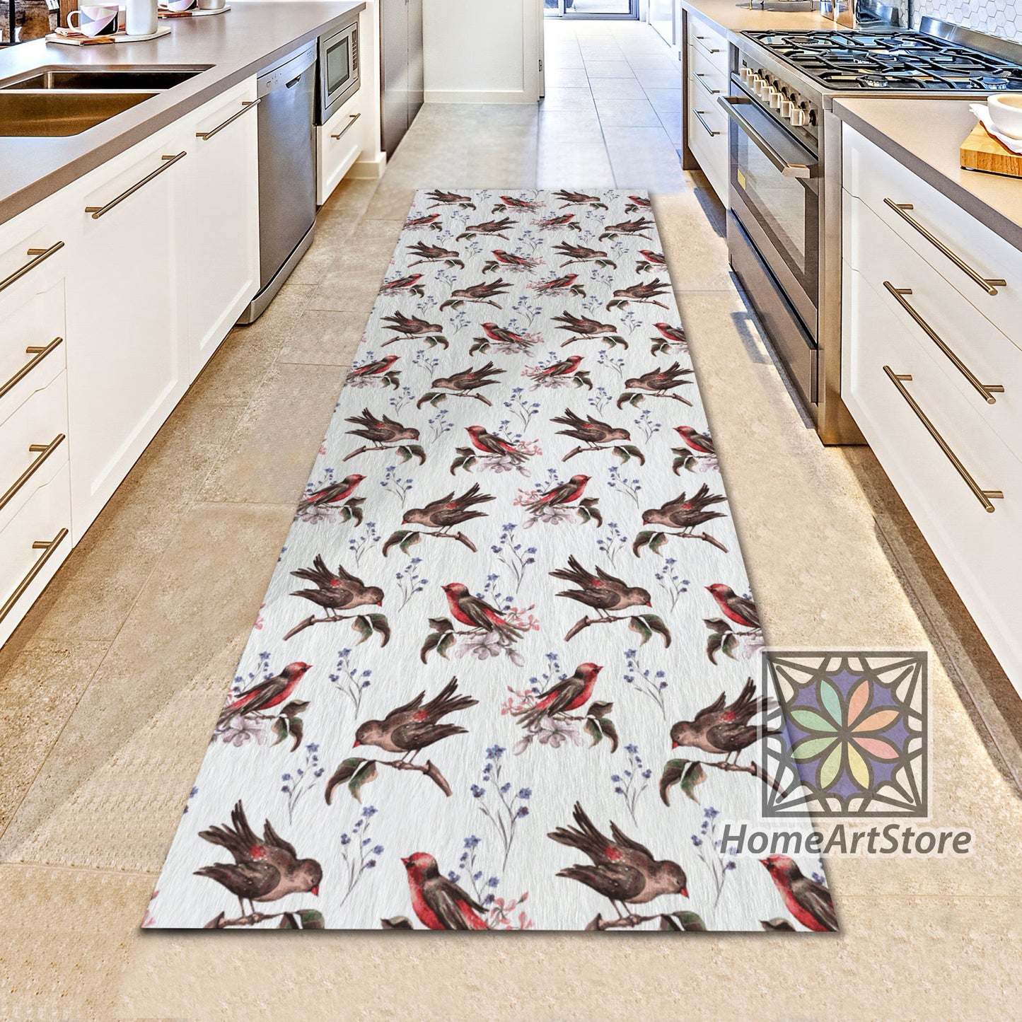 Retro Style Floral Runner Rug, Bird Pattern Carpet, Entryway Runner Mat, Modern Home Decor