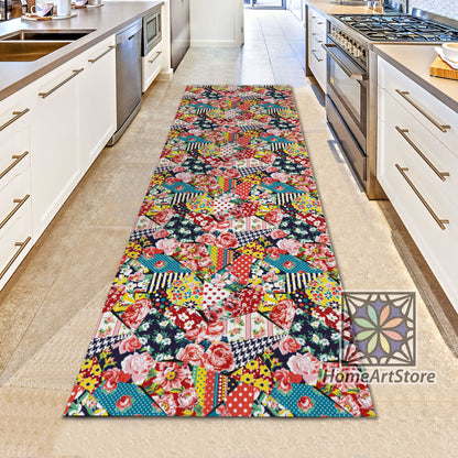 Patchwork Pattern Runner Rug, Rose Themed Carpet, Flower Runner Mat, Colorful Kitchen Runner Rug