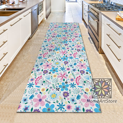 Boho Style Runner Rug, Colorful Floral Pattern Hallway Runner Mat, Flower Runner Carpet, Bohemian Decor