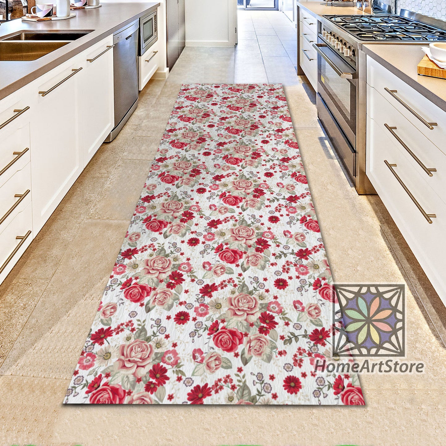 Red Flowers Runner Rug, Rose Pattern Runner Carpet, Hallway Runner Rug, Kitchen Runner Mat