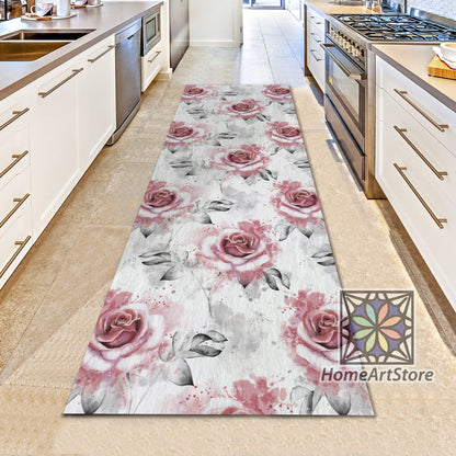 Pink Rose Pattern Runner Rug, Hallway Runner Rug, Entryway Carpet, Flowers and Leaves Decor