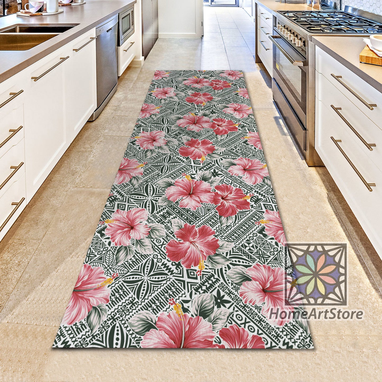 Pink Hibiscus Flower Pattern Rug, Hawaiian Decor, Tribal Motif Carpet, Floral Rug, Geometric Carpet