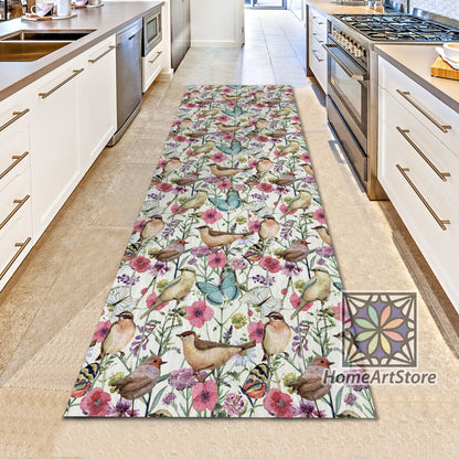 Pretty Birds Themed Rug, Meadow Flower Carpet, Kitchen Runner Rug, Hallway Runner Mat, Floral Runner Rug, Nature Decor