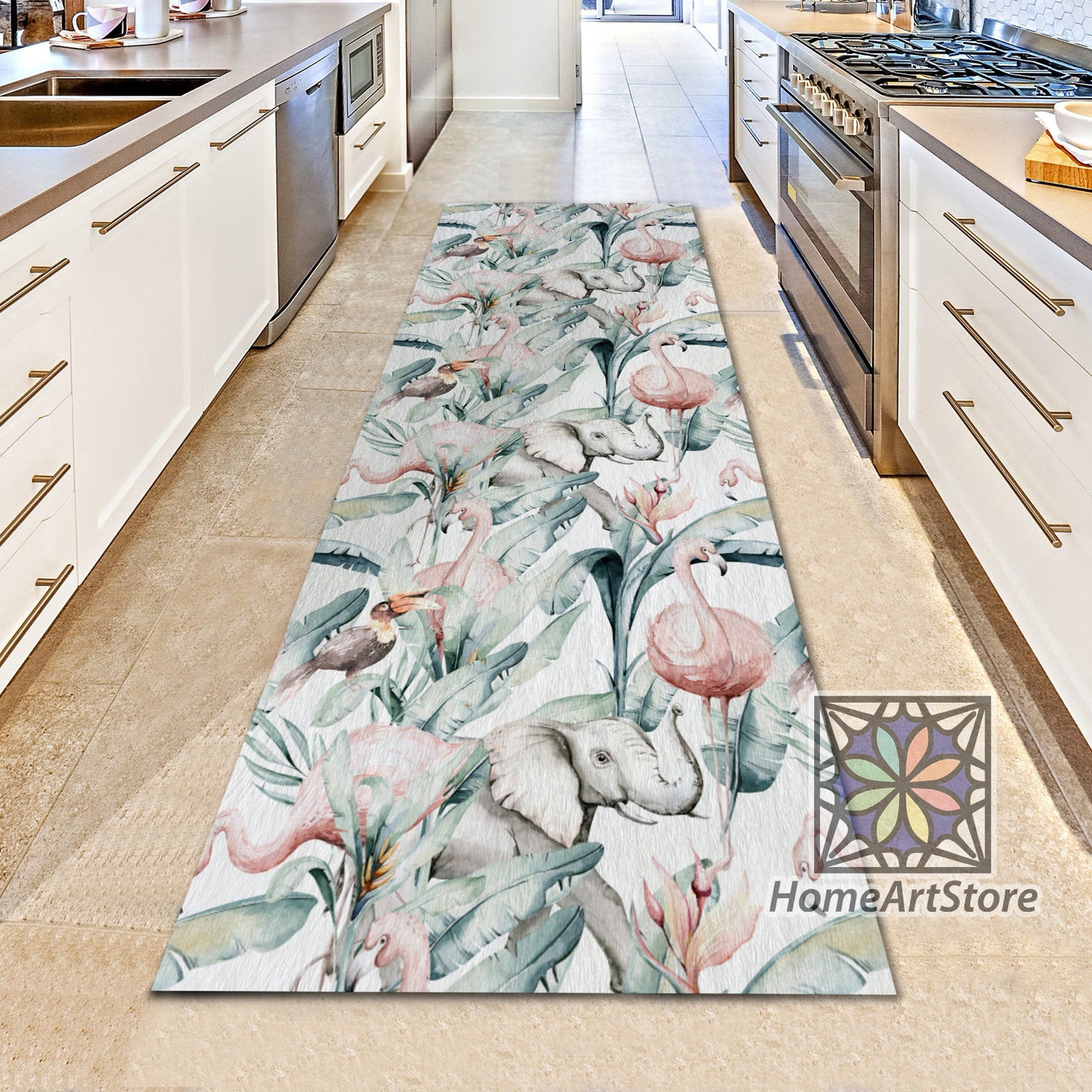 Flamingo Pattern Runner Rug, Tropical Carpet, Corridor Runner Mat, Exotic Floral Decor