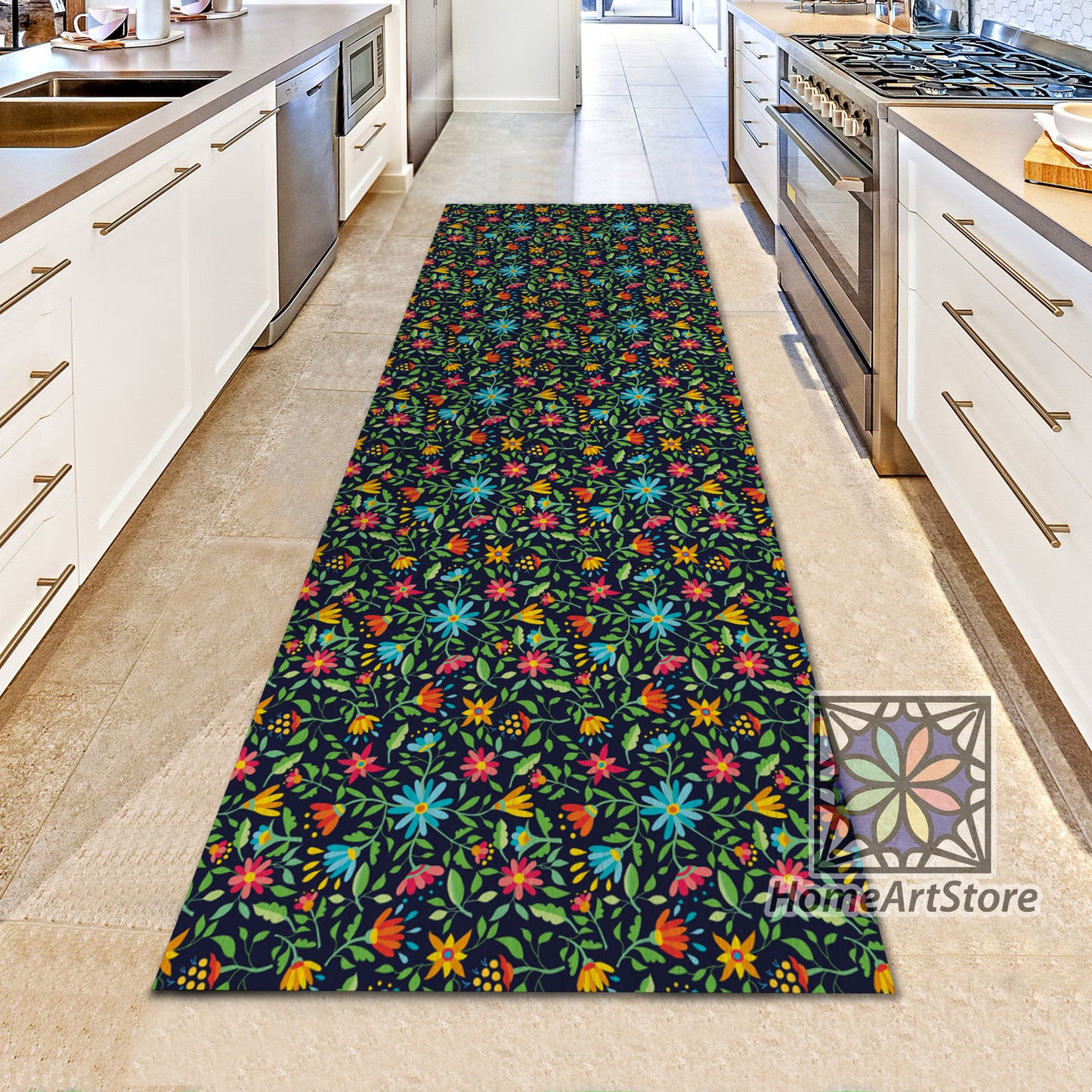 Colorful Flower Runner Rug, Boho Runner Mat, Kitchen Runner Rug, Entrance Carpet, Bohemian Decor