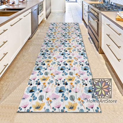 Wedding Runner Rug, Watercolor Flower Pattern Rug, Corridor Carpet, Pastel Colors Floral Runner Mat