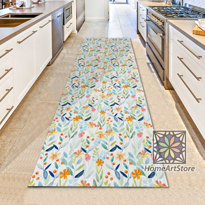 Botanical Runner Rug, Pastel Color Floral Carpet, Kitchen Runner Mat, Hallway Runner Mat, Boho Decor