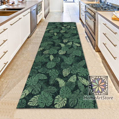 Green Tropical Palm Leaves Rug, Coastal Runner Rug, Botanical Carpet, Botanic Mat, Hallway Runner Rug